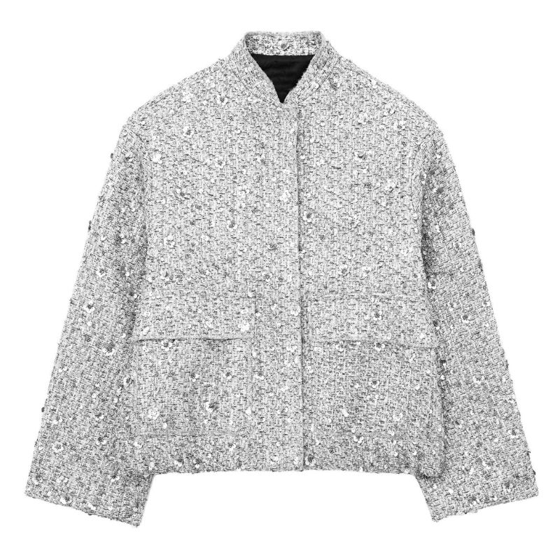 Chaqueta Holgada Dorada de Lentejuelas de Otoño para Mujer Brillante Manga Larga Casual Chaqueta Bomber con Bolsillos Abrigos de Moda Femenina