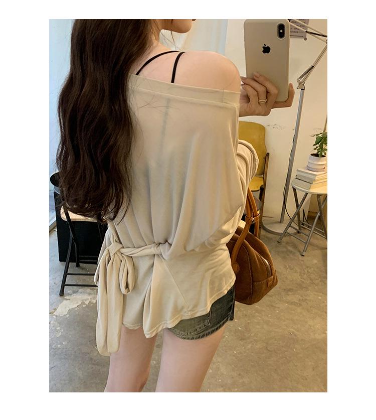 Korean Style Tie-Waist Long-Sleeved Off-Shoulder T-Shirt for Women - Autumn Edition