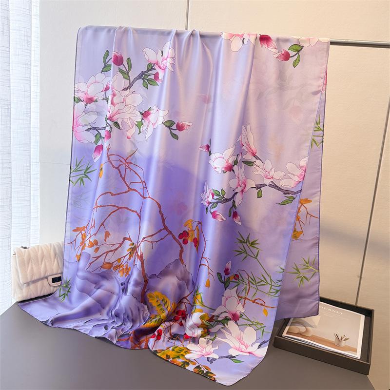 Printing Simulation Silk Brocade Sunscreen Contrasting Color Flower Silk Scarf Long Scarf Shawl Versatile Headscarf Scarf