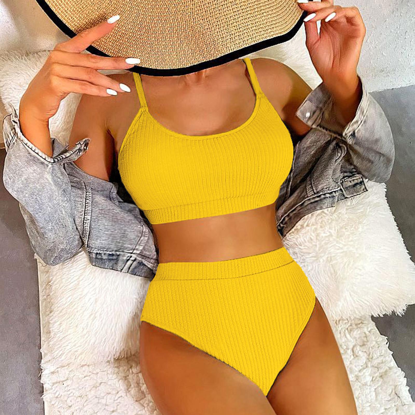 

Women s Split Bikini Color Fashion With Bust Pads Non-Steel Bra Swimsuit XL жовтий