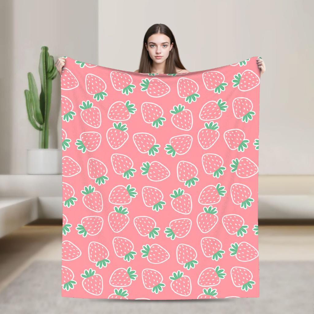 Pink Strawberry Print Flannel Blanket  Warm Soft Throw Blanket for Bedroom Camping Street Trend Bedspread Sofa Bed Cover