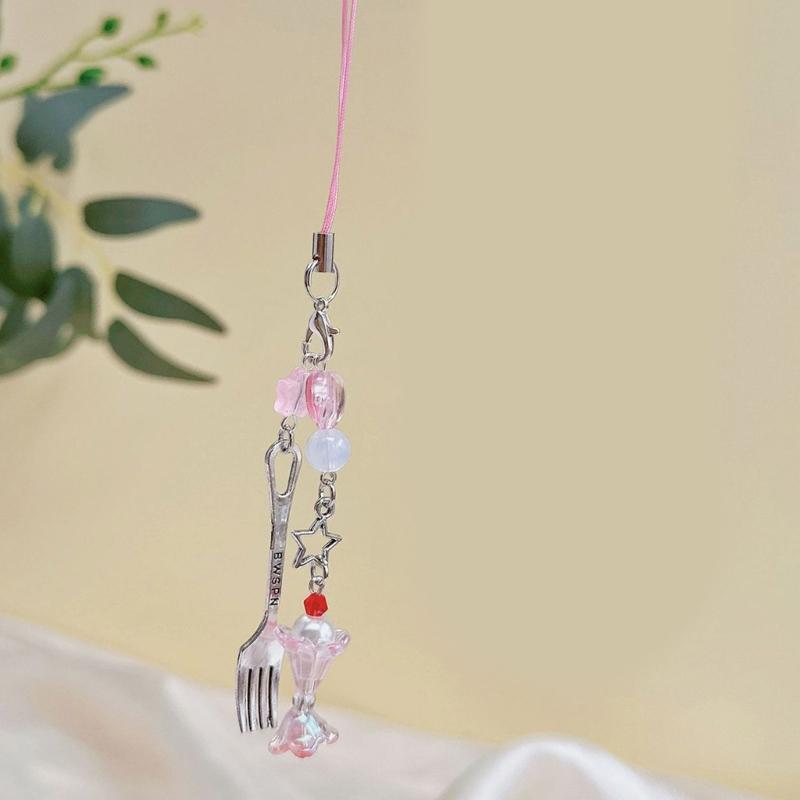 Cute Beaded Fork Phone Chain Ornament Heart Beaded Cellphone Pendant Phone Lanyard Bag Charm for Fashionable Individuals