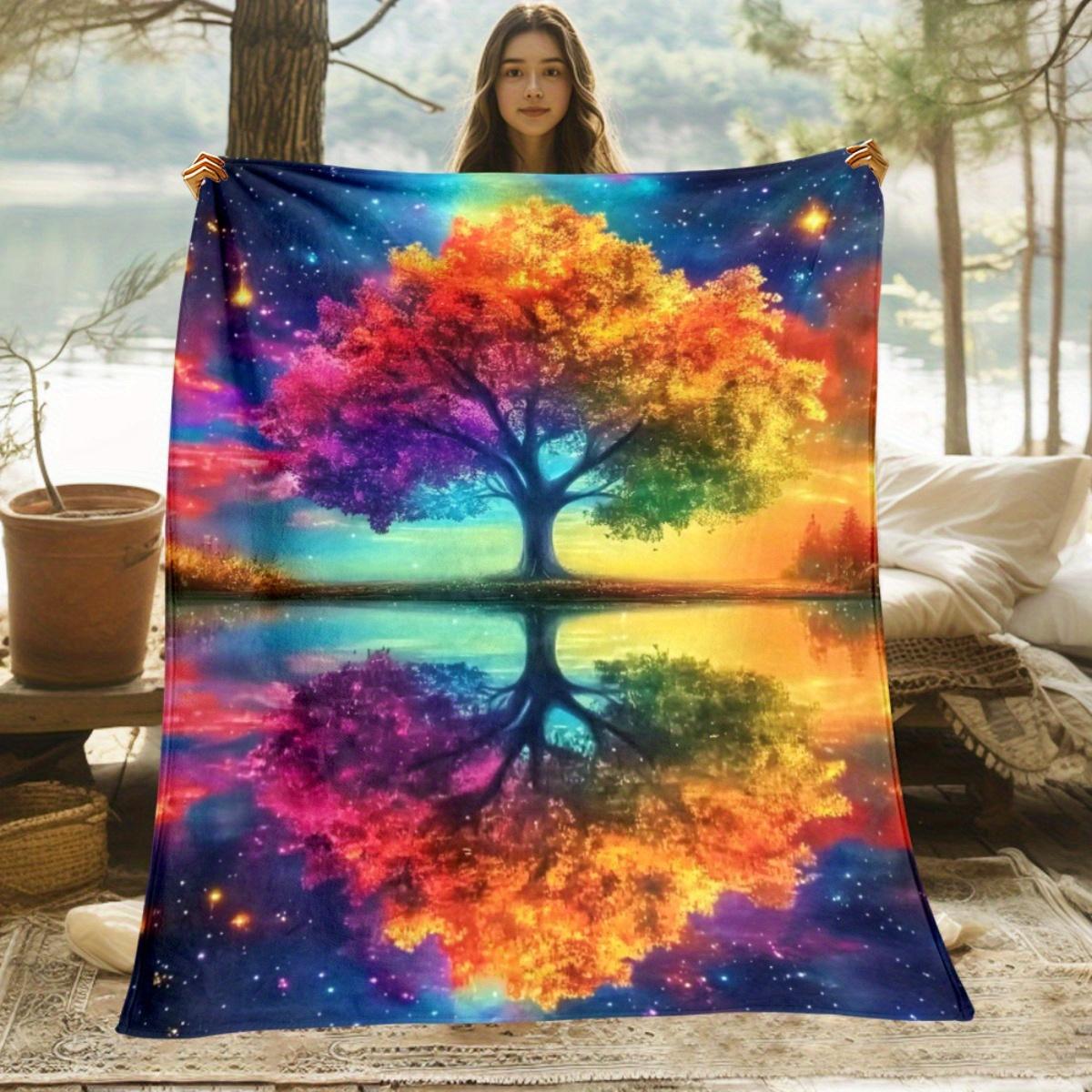 

Rainbow Tree Flannel Blanket Cosmic Nature Art Vibrant Forest Scene Reflective Water Design Soft Fleece Throw HomeDecorSpiritual 75x100cm