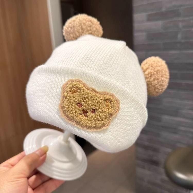Winter Baby with Double Pom Poms and Bear Patch, Warm Knit Hat for Infants and Toddlers,