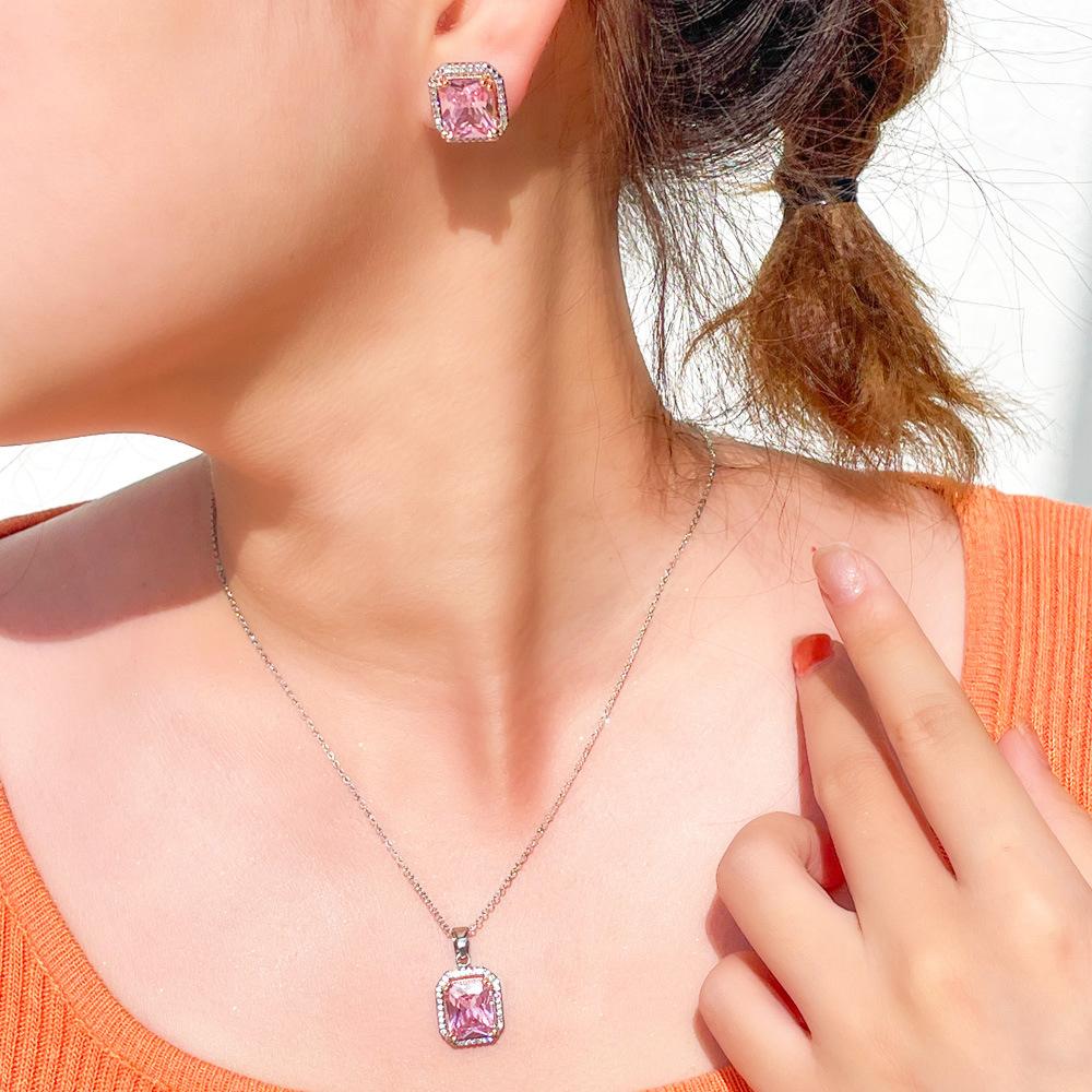 Bright Princess Pink Long Square Diamond Set Chain Electroplating Two-Color Zircon Necklace Earrings Square Diamond Color Treasure Set