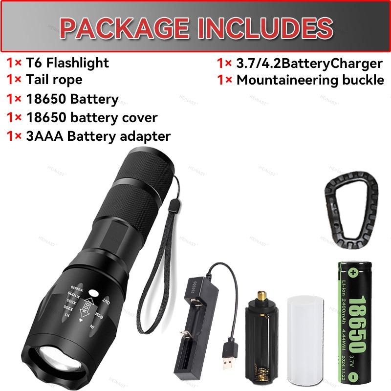 High Power T6 LED Flashlights Camping Torch 5 Light Modes Zoom Light Aluminum Alloys Waterproof Material External 18650 Battery