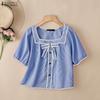 Women Stripe Print Casual Square Collar Short Sleeve Blouse