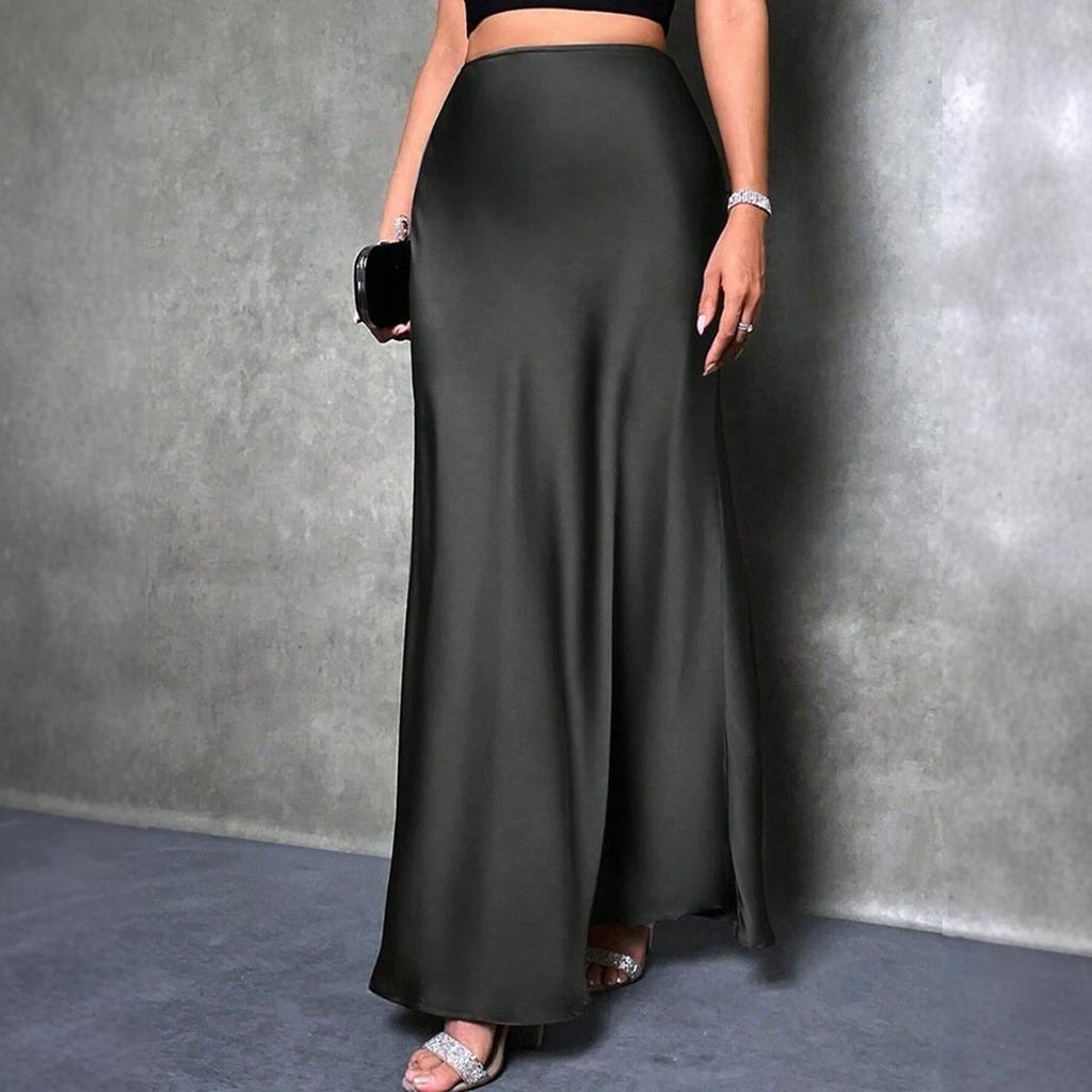 Women's Spring Summer Satin Silk-Like Half Skirt European American Style Simple Long Skirt