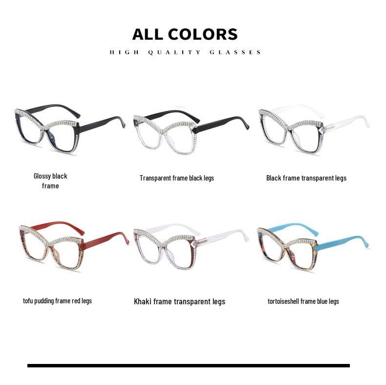 Large Frame Cat-Eye Anti-Blue Light Reading Glasses with Handmade Diamond Decoration