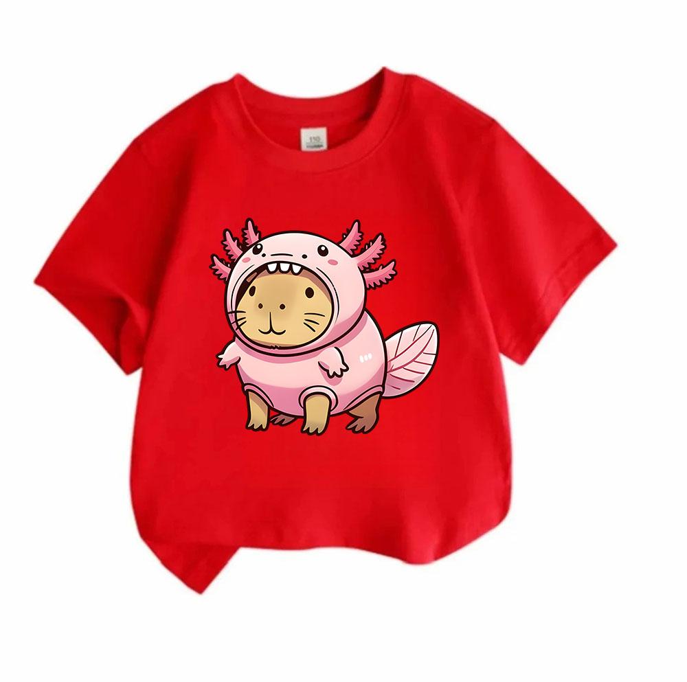 Kids Boys Girls 100% Cotton Crew Neck Short Sleeve T-Shirt, Cute Capybara In Axolotl Costume Printed Casual Soft Breathable Summer Tee For Children Da