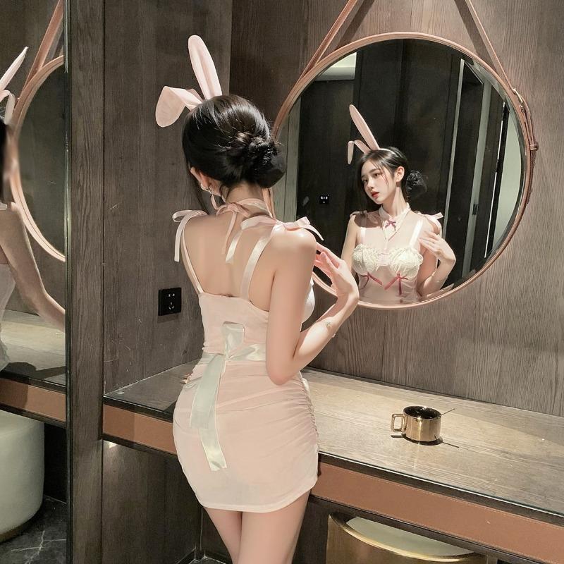 Shi Meisha: Milk Sweet Rabbit with Steel Rim Perspective Set Sex Underwear Sexy Dew Uniform Pink Dress