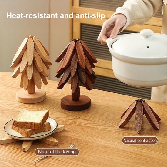 Tree Shape Heat Trivet Bamboo Placemats Foldable Kitchen Mat Non-Slip Tabletop Protector for Hot Pots Cups