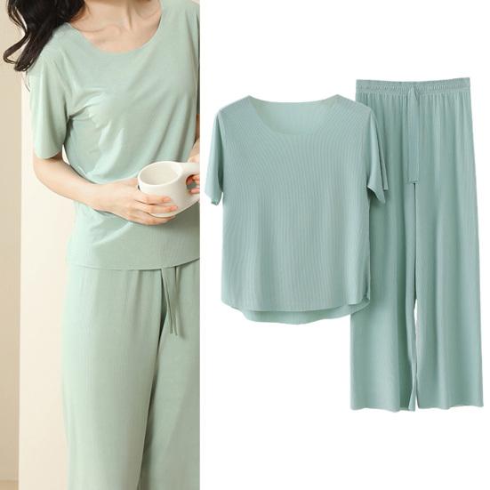 2Pcs/Set Women Pajamas Seamless Ice Silk Round Neck Short Sleeve Solid Color Elastic Waist Wide Leg Loose Soft Breathable Homewear Top Pants Set