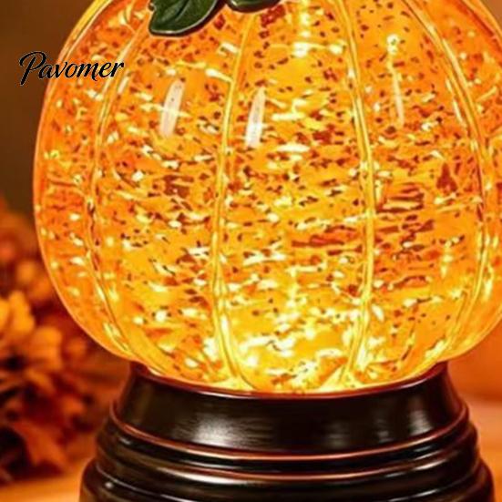 Autumn Home Decor Pumpkin Snow Sphere Lamp, Glitter Lighted Ornament, Fall Table Sparkling Resin Sculpture Centerpiece with Warm LED Lights