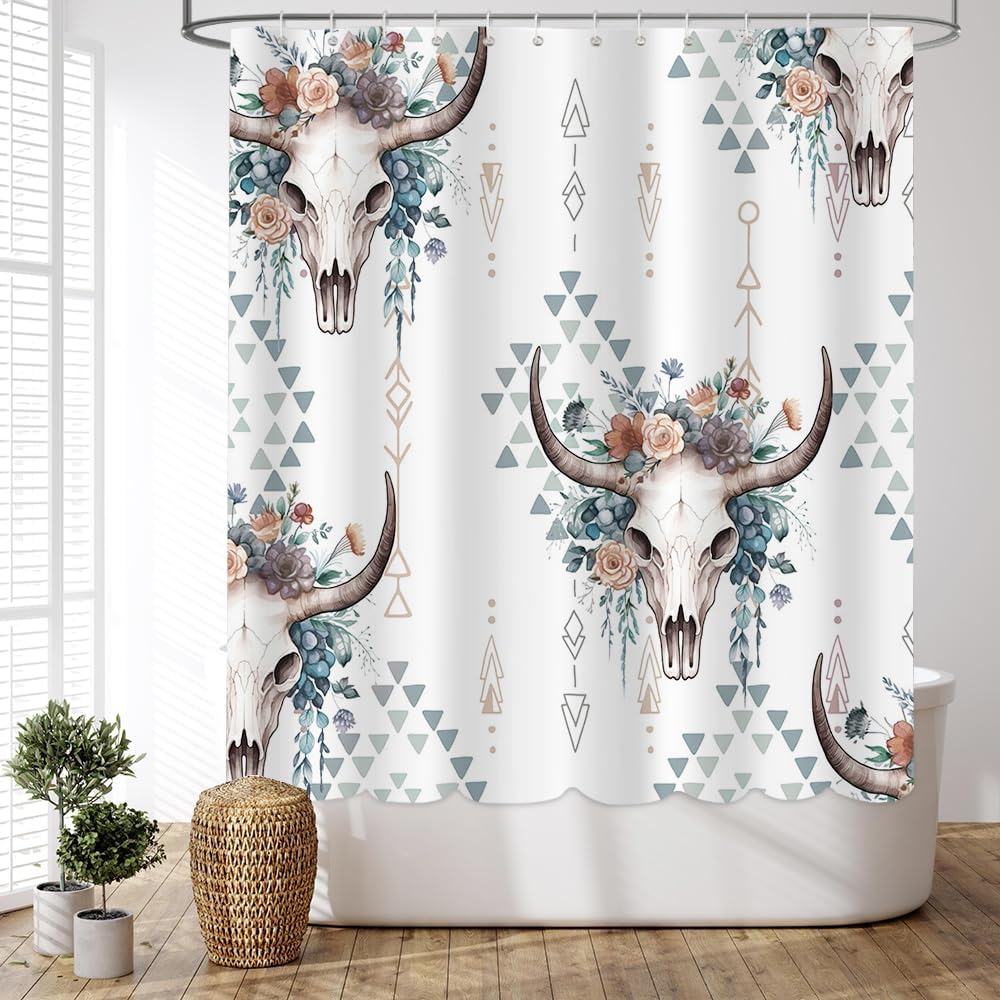 MEHOFOND Boho Western Cow Skull Shower Curtain - Bull Skull Flower Head - Farmhouse Country - Waterproof Fabric - 72x72 Inch