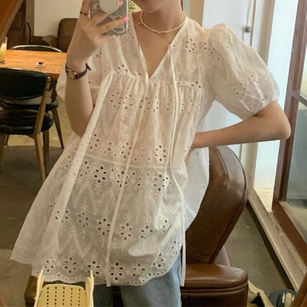 French White Design Hollow Lace Top Women's Summer Versatile Loose Short-sleeved Shirt Bubble Sleeve Shirt