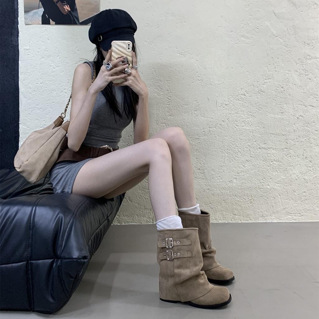 French Spice Girl Style Belt Buckle Thick Heel Trendy Pant Pants Boots Women's Autumn and Winter Fashion Versatile Fried Street Suede Pile Boots