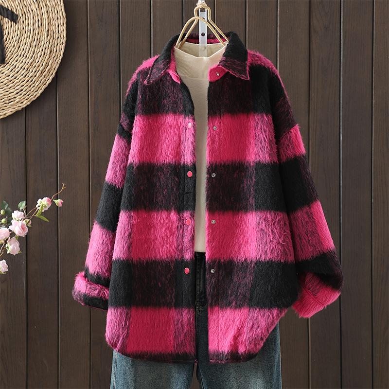 

DIMANAF 2025 Новые осенне-зимние женские пальто и куртки больших размеров, толстые, с длинным рукавом, свободного кроя, повседневная верхняя одежда, женская клетка One size розовый