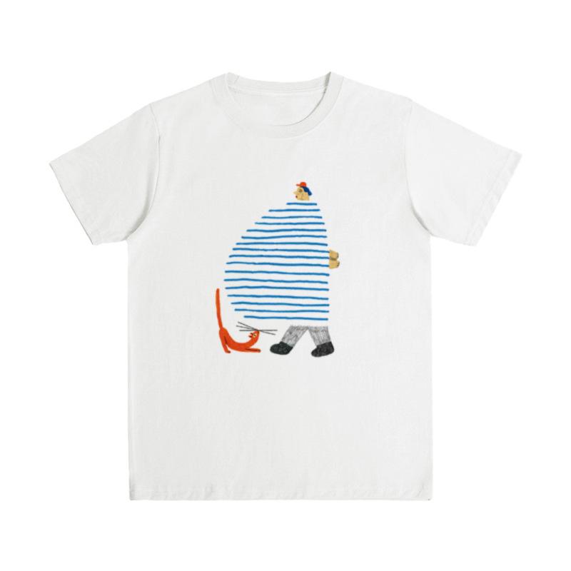 Large Size Women's Summer Front Shoulder Cartoon Printing Loose Crew Neck Inner Short Sleeve T-Shirt% Pure Cotton Bottom Top