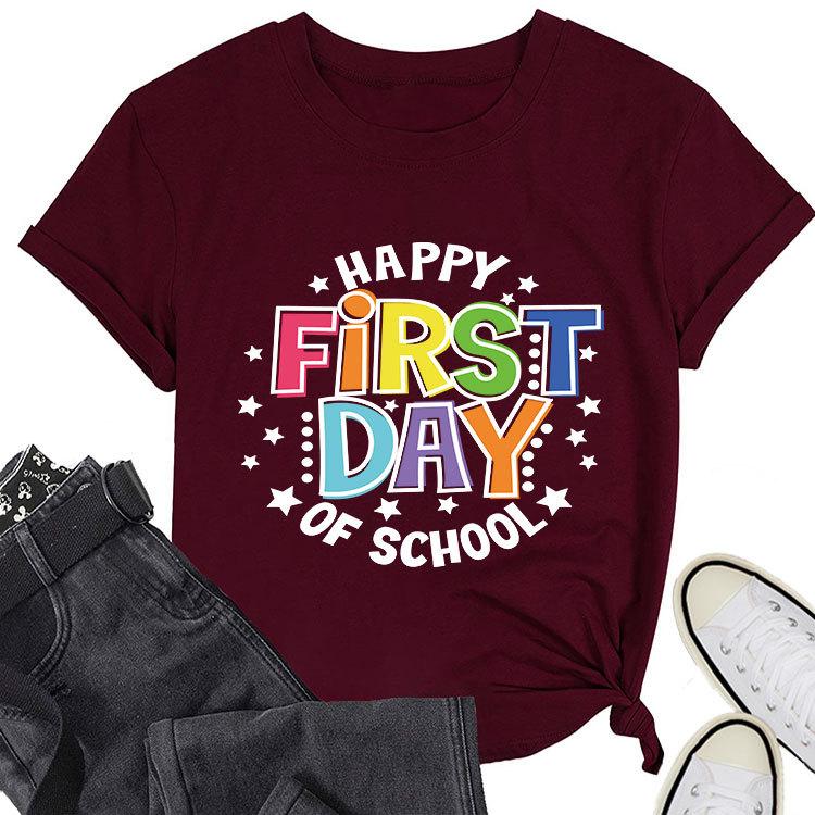 Summer loose crewneck Tshirt happy first day of printed casual shortsleeved fashion top