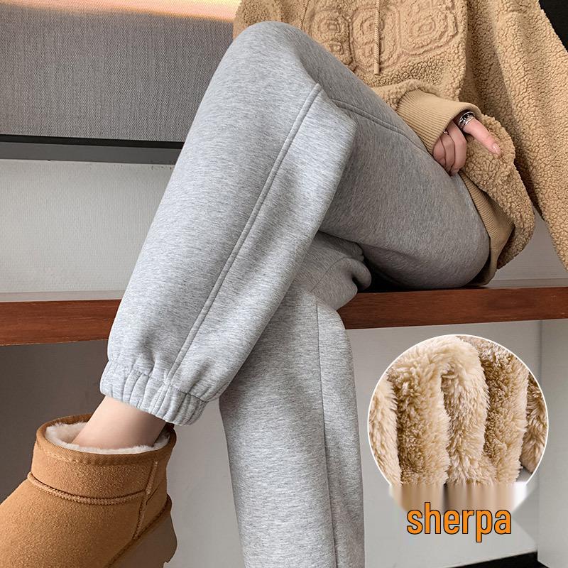 Women's High-Waist Fleece-Lined Cuffed Sweatpants - Thick Grey Joggers for Autumn/Winter 2024