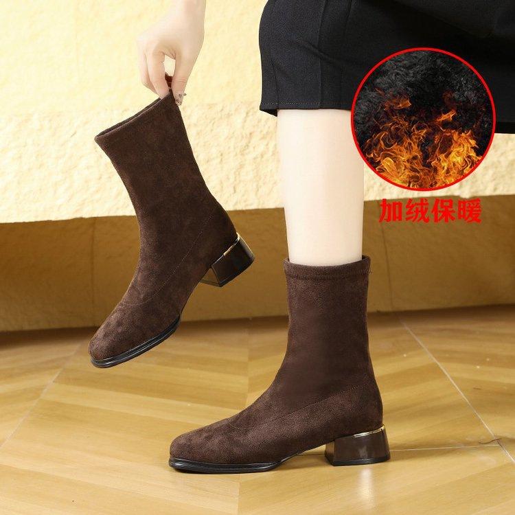 Low Heel Short Boots Black Skinny Boots New Autumn and Winter Square Head Back Zipper Suede Elastic Boots