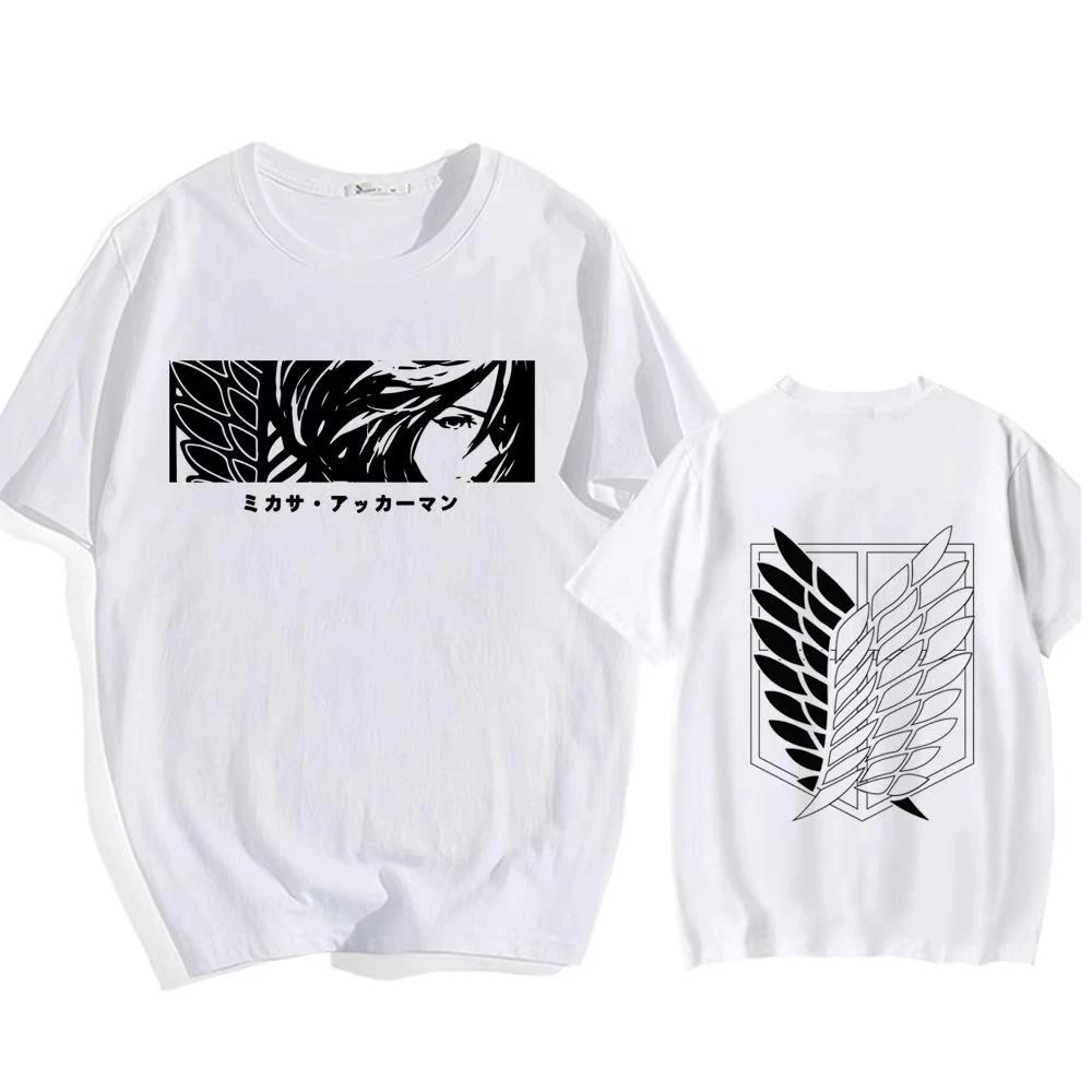 White Double-Sided Attack on Titan T-Shirt Featuring Mikasa Ackerman Portrait and the Iconic Wings of Freedom Survey Corps Logo 4XL