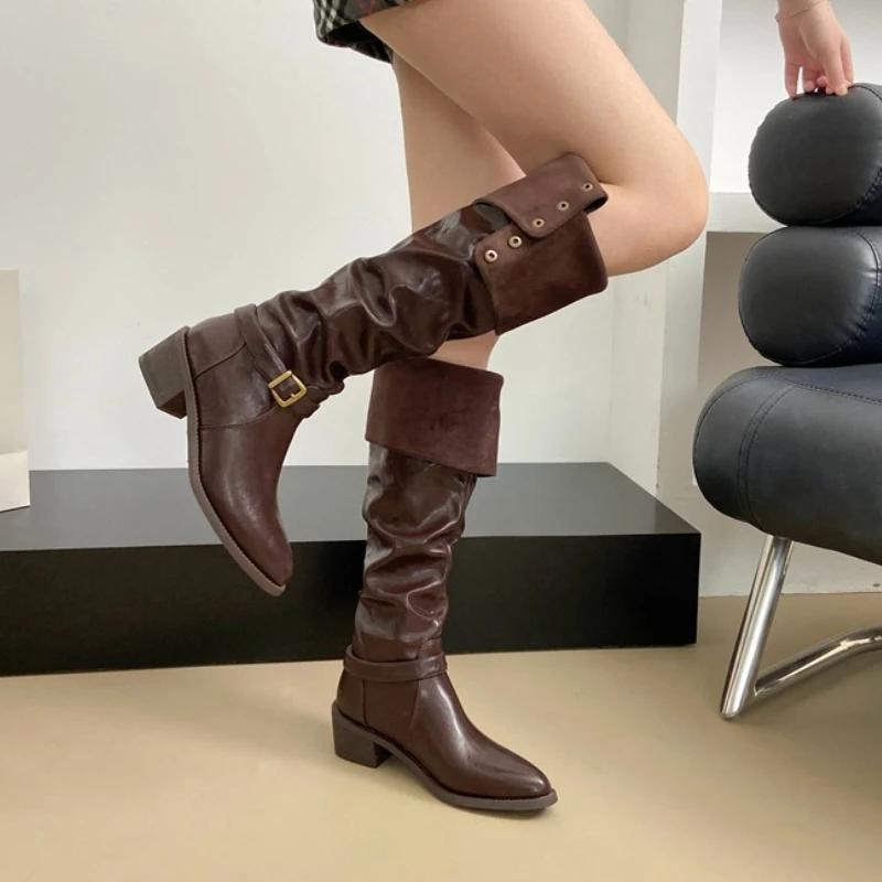 Winter Vintage Pointed Toe Woman Knight High Boots Fashion Belt Buckle Thick Heel Shoes Ladies Street Style Western Long Botas