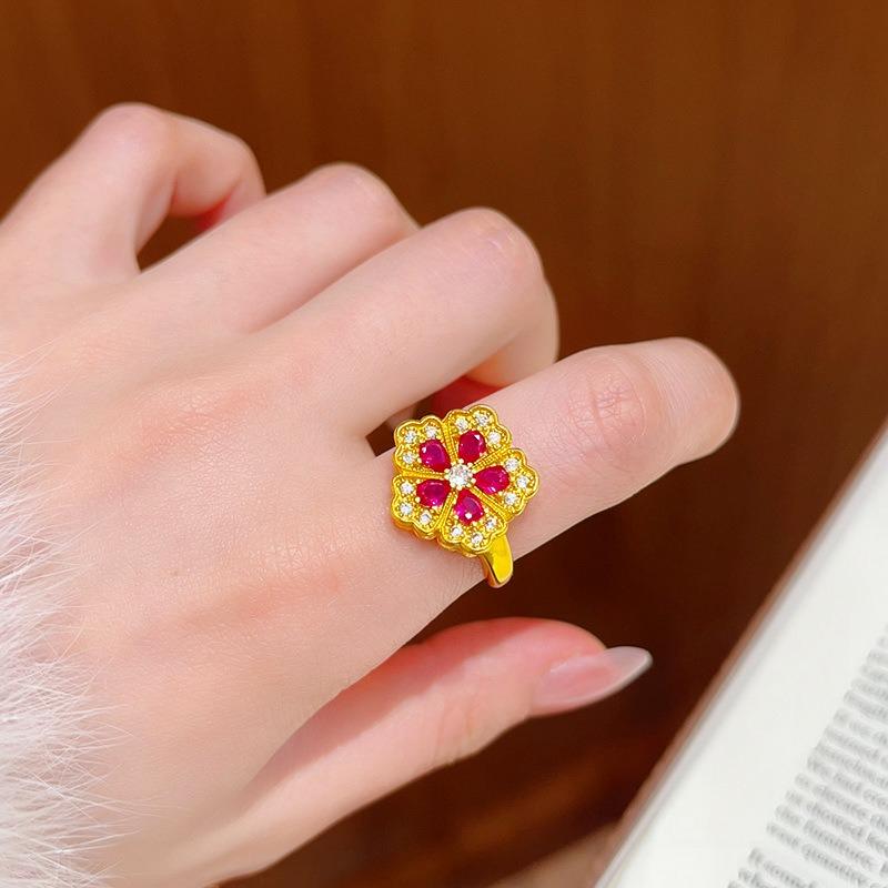 electroplated zircon flower opening ring light luxury retro court style index finger ring niche design ring