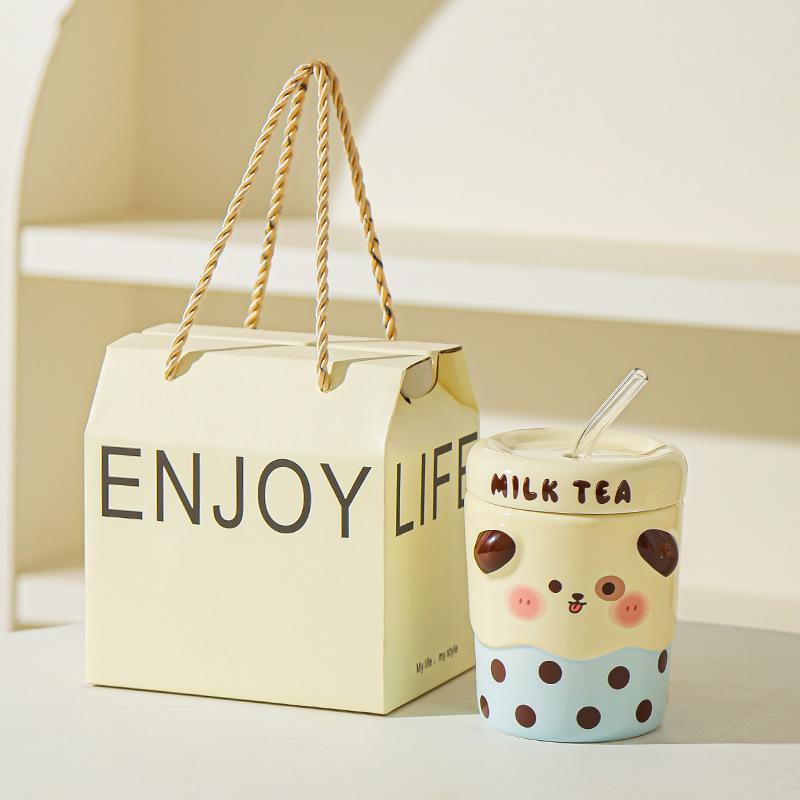 Cute Mug Couple Straw Cup with Lid Cup Gift Box Ceramic Cup Souvenir Birthday Gift Girl Practical