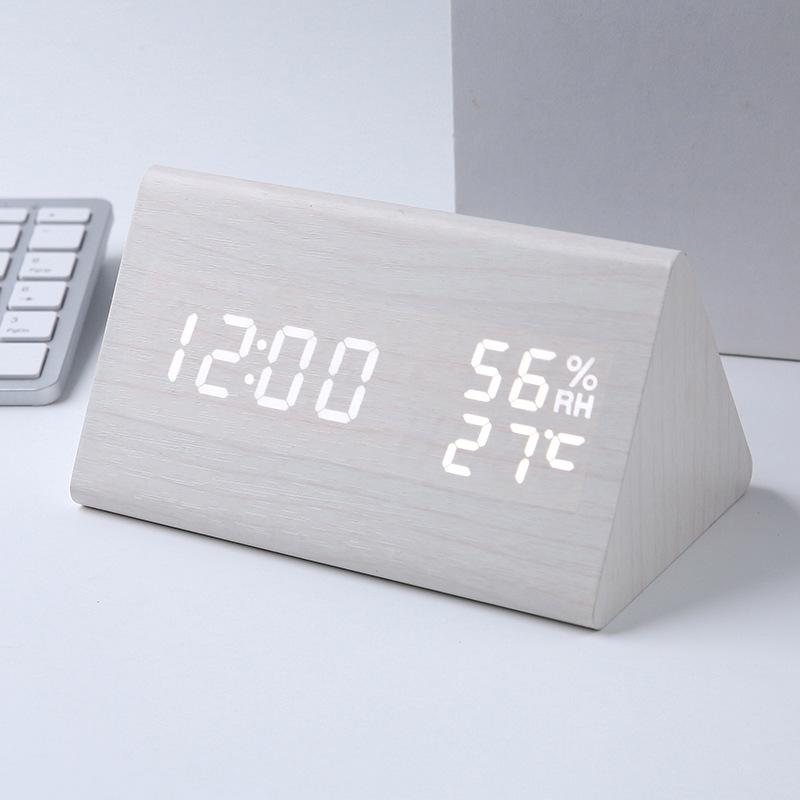 Intelligent Voice controlled Temperature and Humidity Meter Wooden Clock Triangle Electronic Digital Clock Wooden Temperature and Humidity Alarm Clock