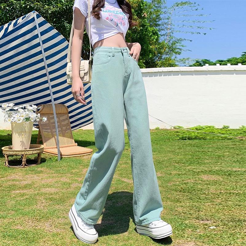 Women's Yellow High-Waisted Wide-Leg Jeans - 2022 Slimming Style for Petite Figures, Straight Floor-Length Pants