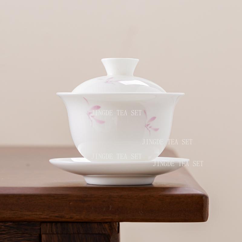 Ceramic Sheep Fat Jade Covered Bowl Dehua White Porcelain with Lid Tea Bowl Large Kung Fu Household Tea Set Gaiwan