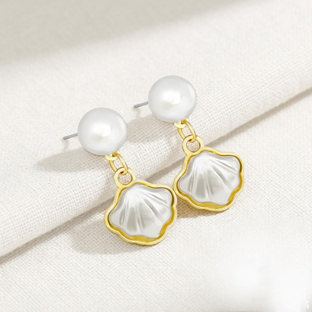 Shell Pearl Earrings for Women Unique Design Small Stud Earrings French Style Shell Pendant Dangle Earrings Lightweight