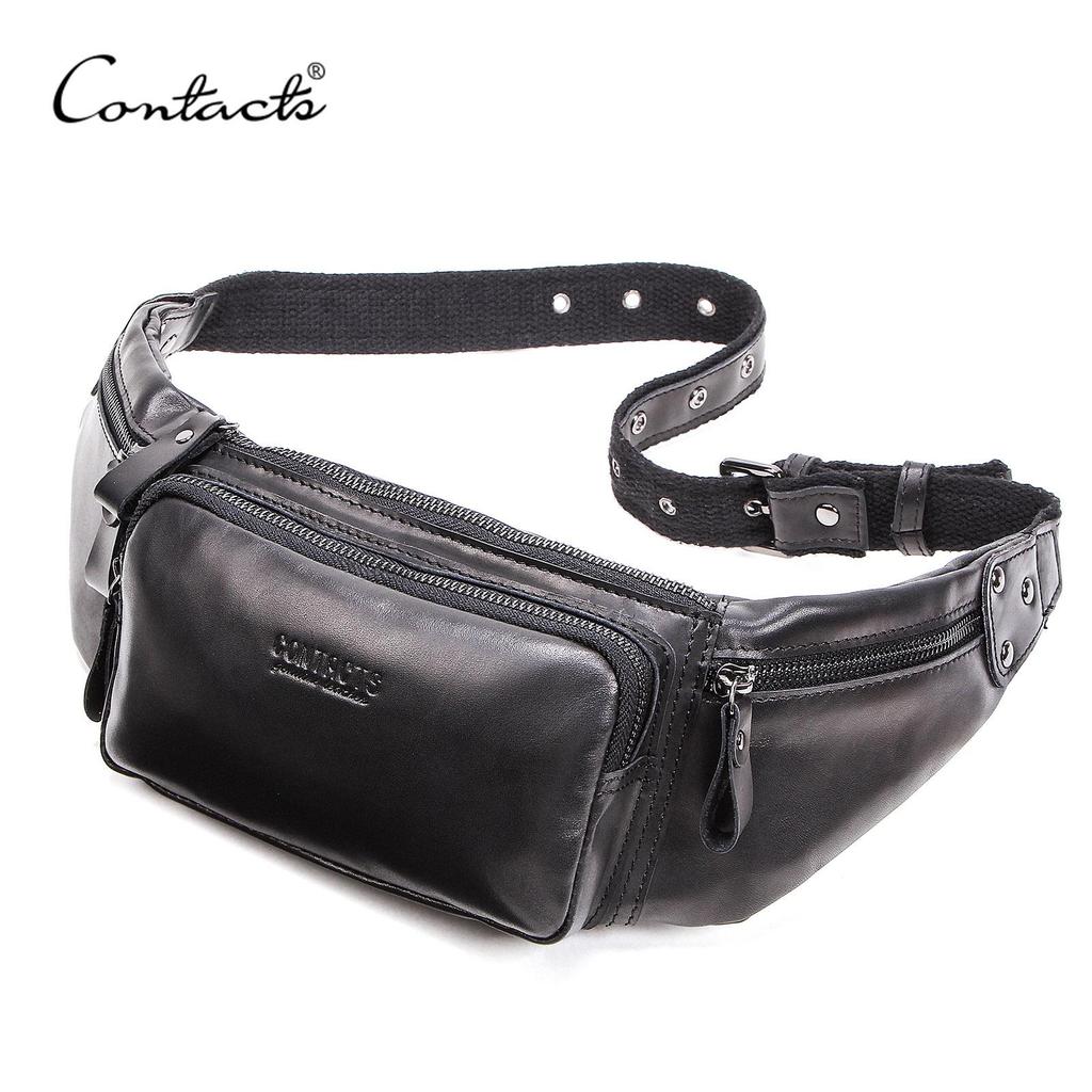CONTACT'S Genuine Leather Men's Waist Bag Casual Waist Pack Crossbody Bag Shoulder Bag for Men