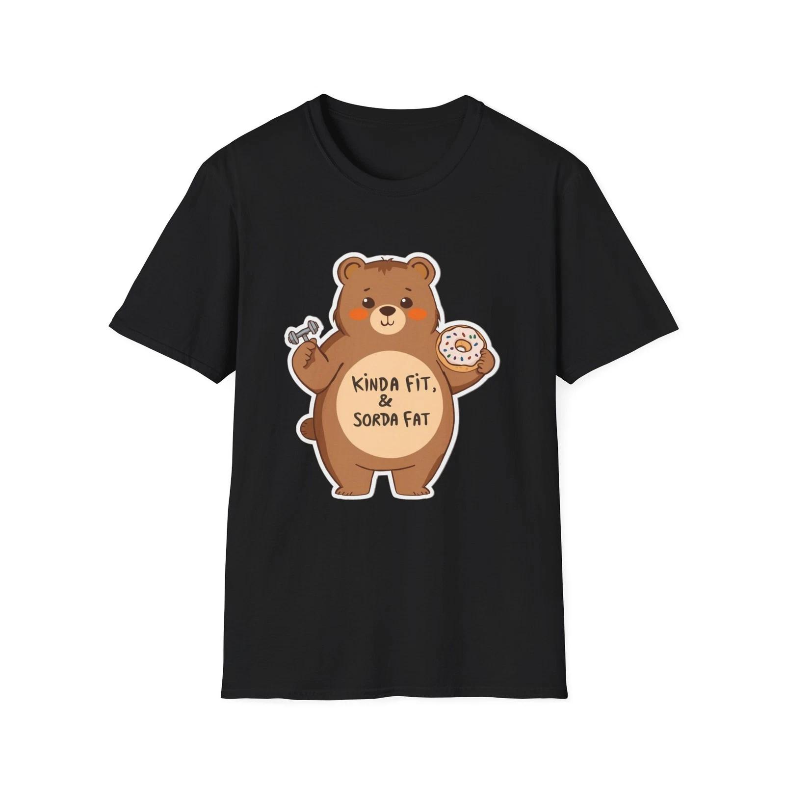 Kinda Fit Sorda Fat Bear Children s Children s T Children s T-shirt | Cute Bear Holding Donut and Dumbbell 130