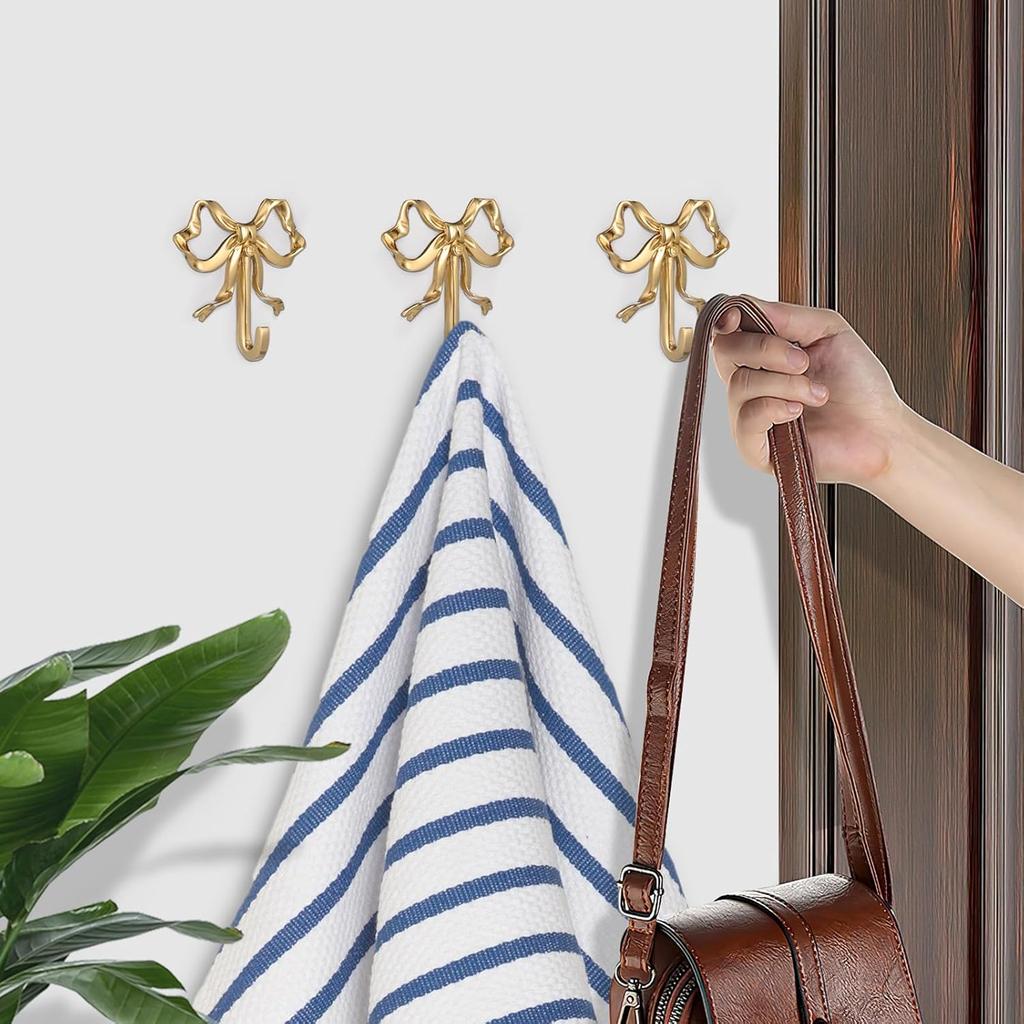 Bow Hook for Wall Decorative Bowknot Hook Gold Coat Hooks Wall Peg Hook Bow Hanging Hook Towel Hook Brass Bow Hook for Home (2.63X2.52X0.59in,Gold)
