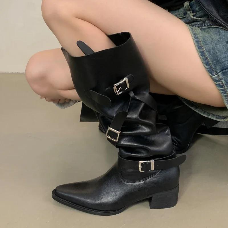 New Winter Black Punk Round Toe Knee-High Women Boots Square Heels Buckle Strap Ladies Booties Shoes Zapatillas De Mujer