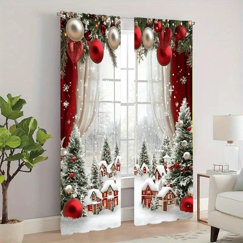 Christmas Snow Scene Forest Printed Curtains Pole Bag Home Decoration Room Curtain Set Of 2 Made Polyester Washable