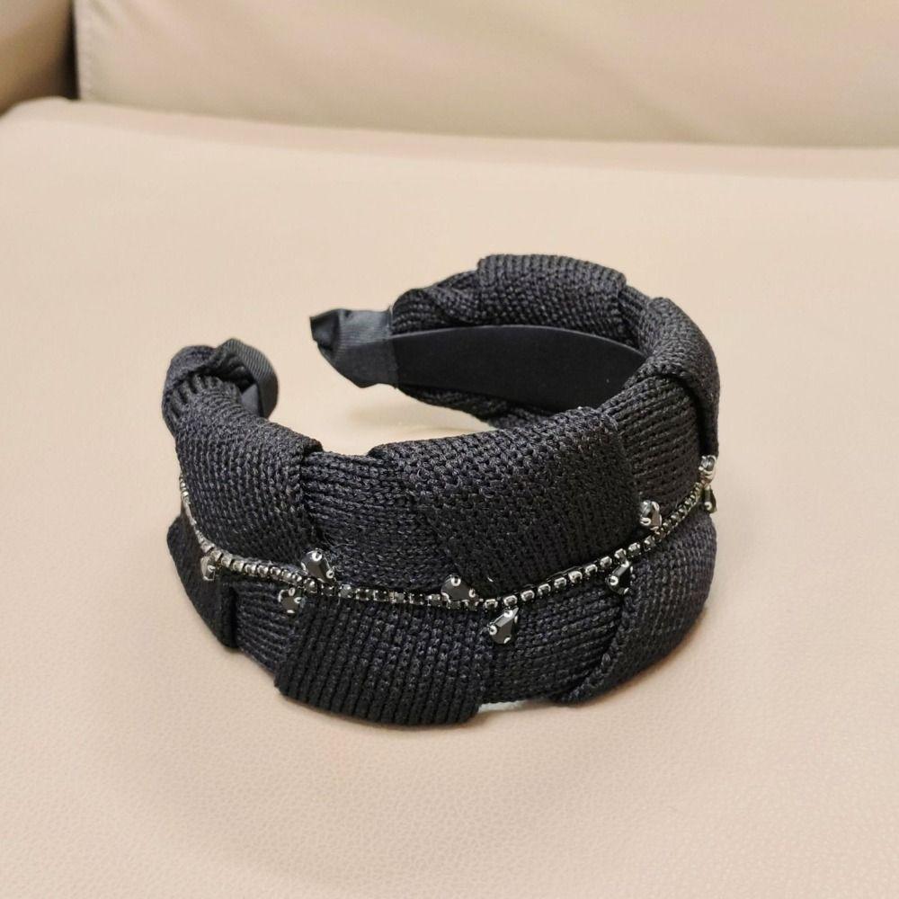 Knitted Fabric Wide Headband Wide Width Rhinestone Headband Stylish Retro Hair Hoop Daily Wear