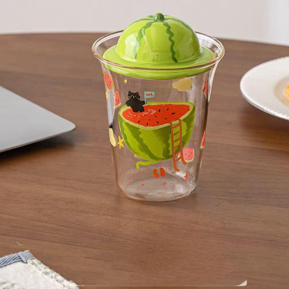 

Cartoon Cat Eat Watermelon Design Glass Coffee Cup With Watermelon Lid Water Cup For Kid Drink Milk Tea Glass Tumbler 301-400ml светло-зеленый