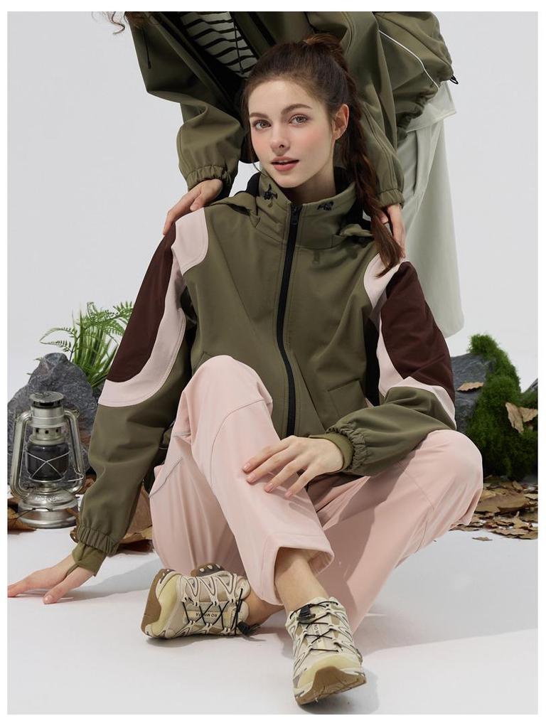 Lotus Leaf Colorblock Softshell Jacket: Water-Repellent, Elastic Hem, Fleece-Lined, Stand Collar