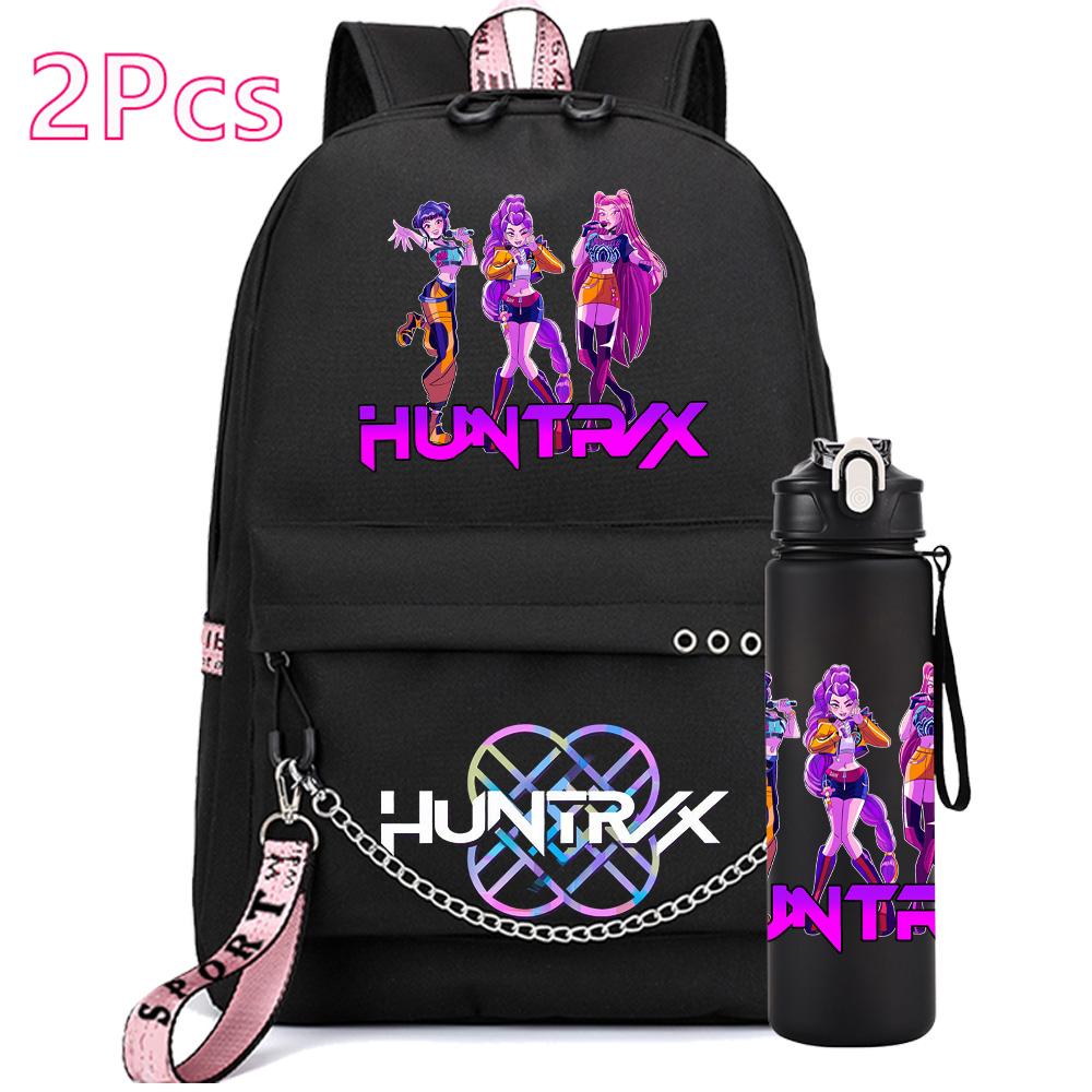 2Pcs/set Anime K-Pop Demon Hunters Printed Backpack with 750Ml Water Bottler for Teenager Girl Boy Large Capacity Waterproof Bookbag Gift