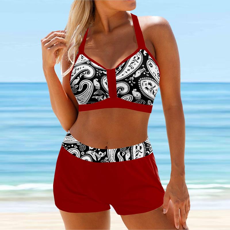 Women's Hanging Neck Style Swimsuit Light Blue Tree Shadow Print Bikini Tankini Swimsuit