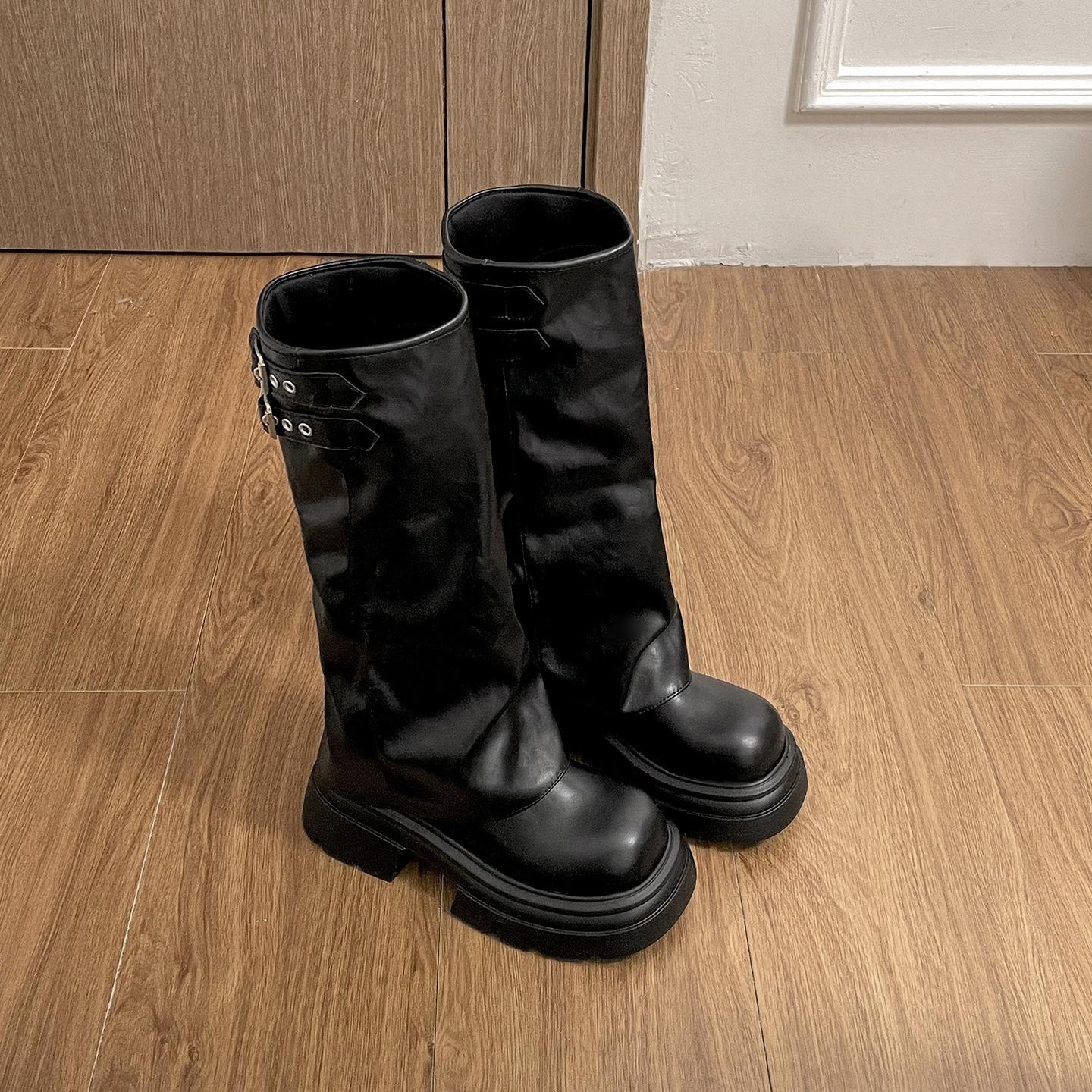 

White British style thick-soled thick-heeled heightened boots women s boots 2025 new autumn thin trousers knight boots 35 чёрный