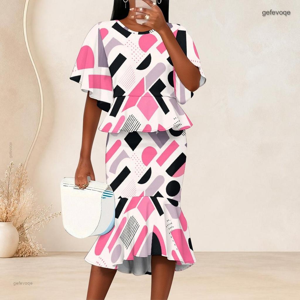 Women Plus Size Pink Black White Printed Two Piece Set Round Neck Batwing Sleeve Ruffle Hem Top Fishtail Skirt
