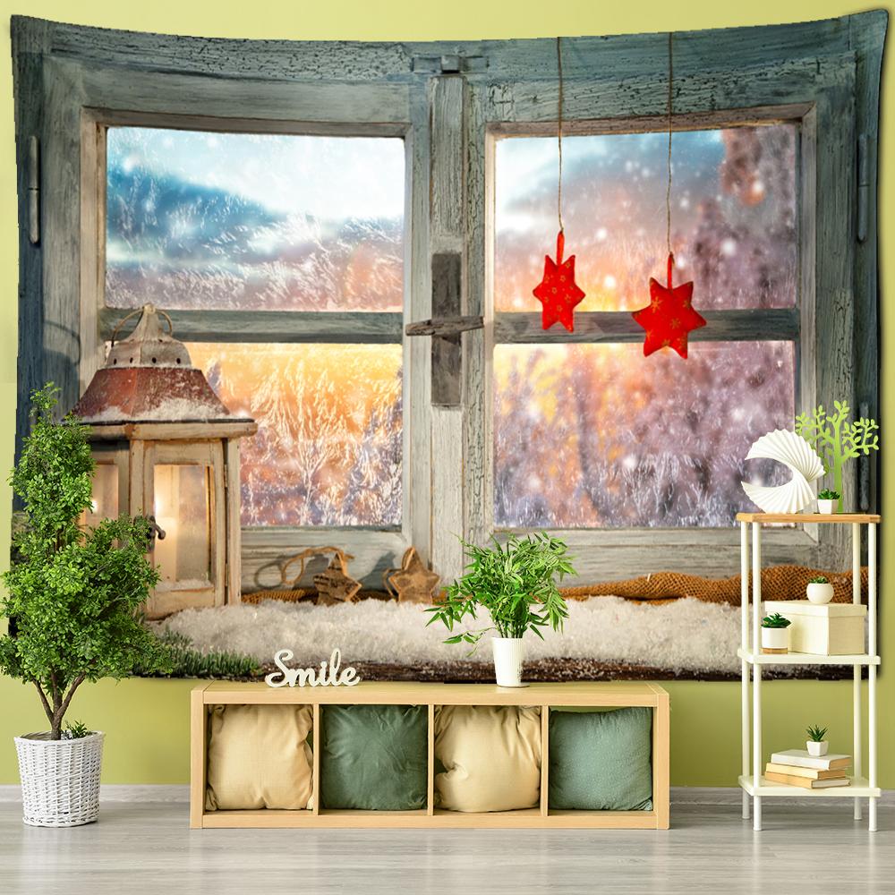Śnieg za oknem świąteczny prezent gobelin ścienny sztuka kreskówka psychodeliczny czary wystrój domu