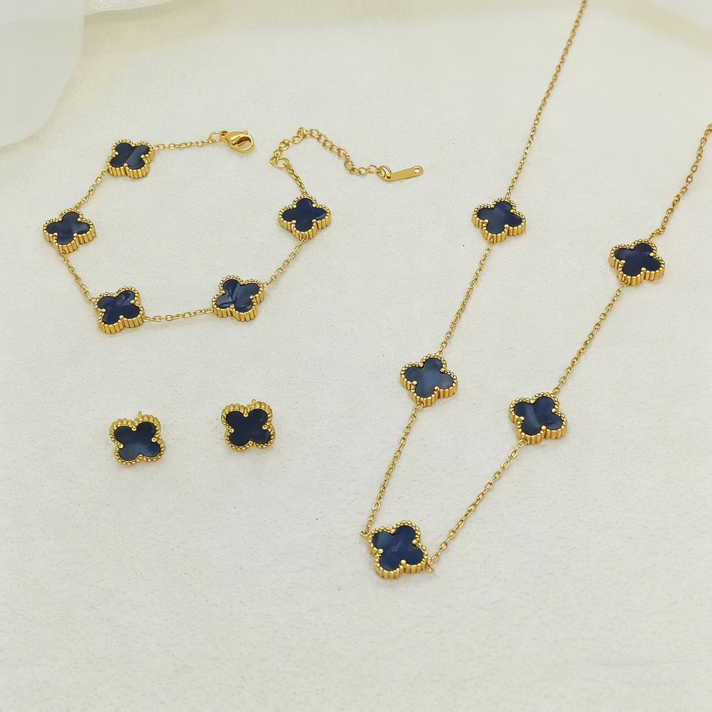 3PCS Double-sided Fritillary Titanium Steel Four-leaf Clover Five-flower Bracelet, Five-flower Necklace & Earring Set Gift