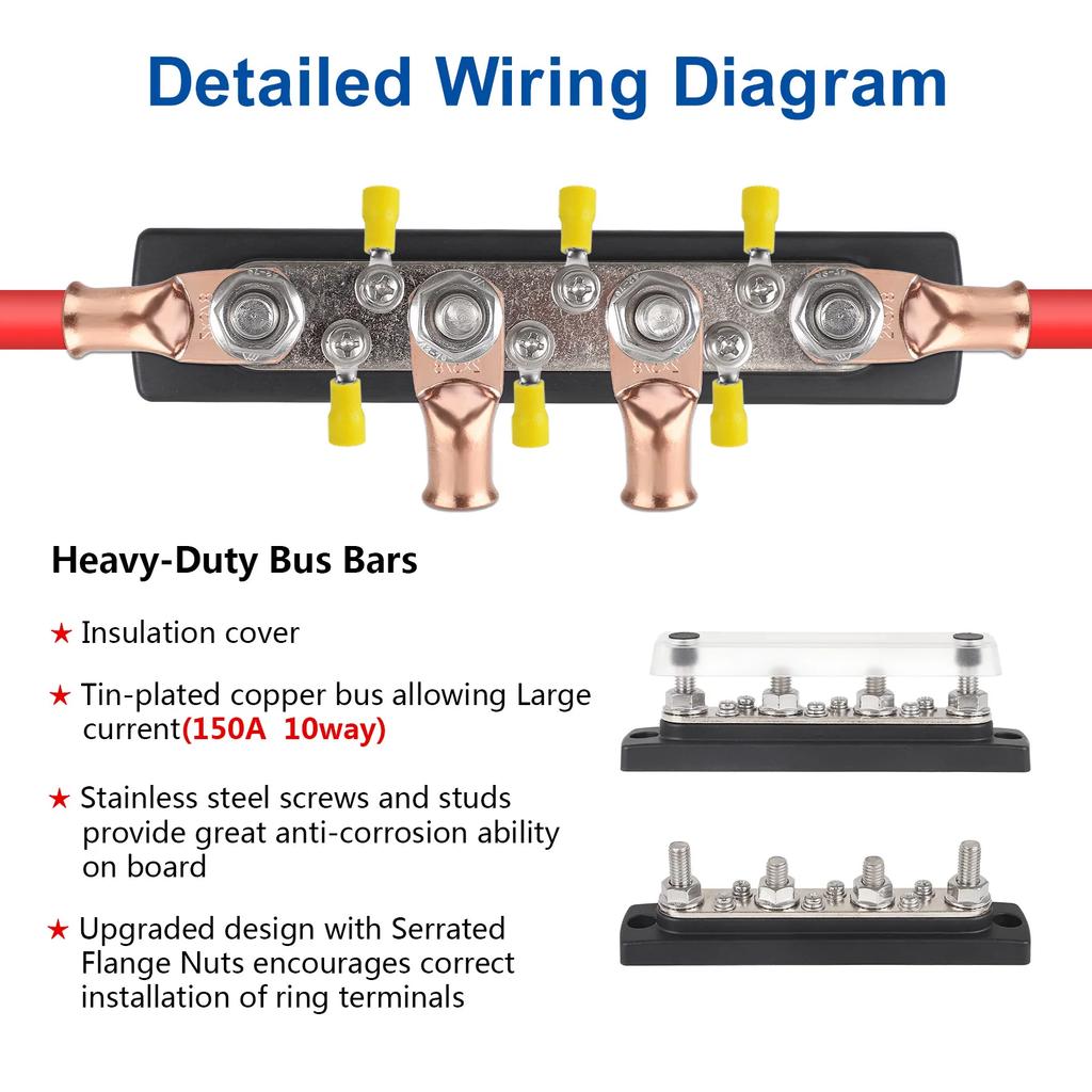 150A 12V-48V 4*M8 New Bus Bar Heavy Duty For Truck Car Black Power Distribution Block Terminal Stud for Marine Boat Truck Yacht