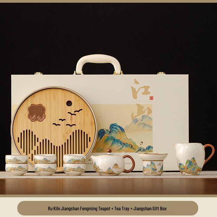 Ru Kiln Light Luxury Tea Set: 'A Thousand Li of Rivers and Mountains' - Complete Teapot and Teacups Gift Box for Elders